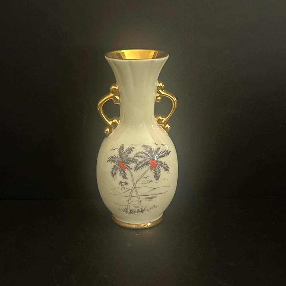 Tropical Palm Tree Gold Handles Vintage Bud Vase Cream Gold Trim Mid-Century